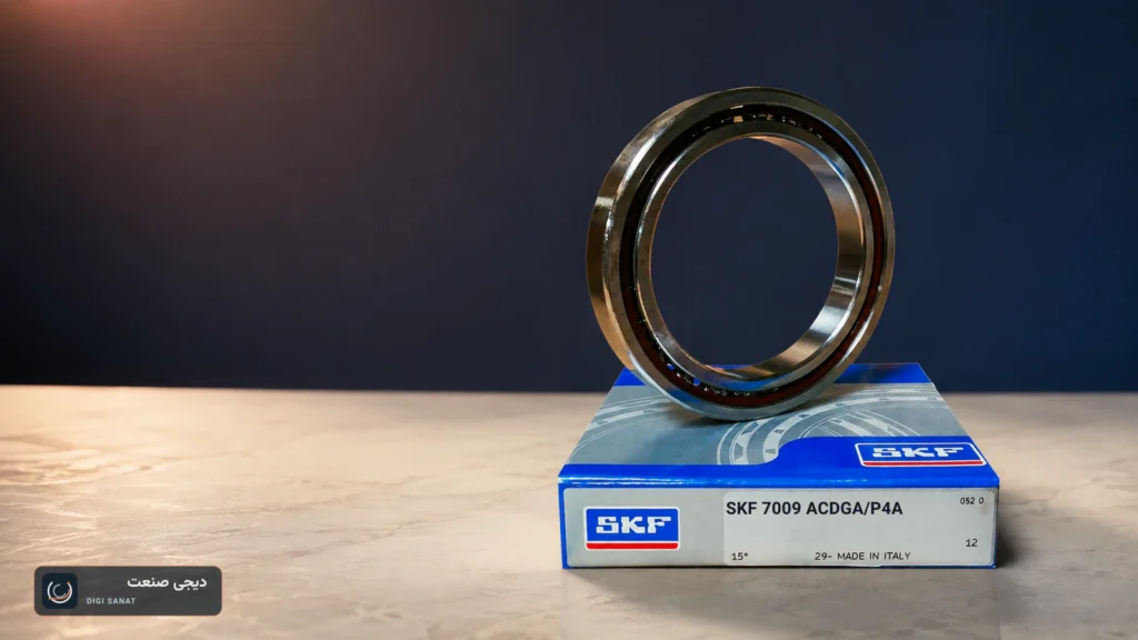 بلبرینگ تماس زاویه‌ای SKF 7009 ACDGA/P4A روی جعبه دارای نشان رسمی SKF؛ تصویر شاخص کدخوانی دیجی صنعت